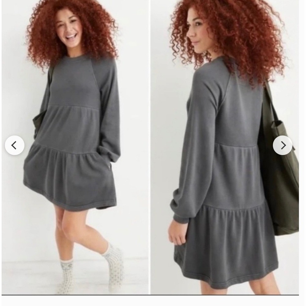 Aerie Weekend Tiered Sweatshirt Dress Gray Long Sleeve Pocket Mini Large L